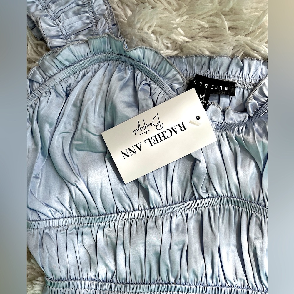 Blue Blush Light Blue Ruched Satin Tank Top